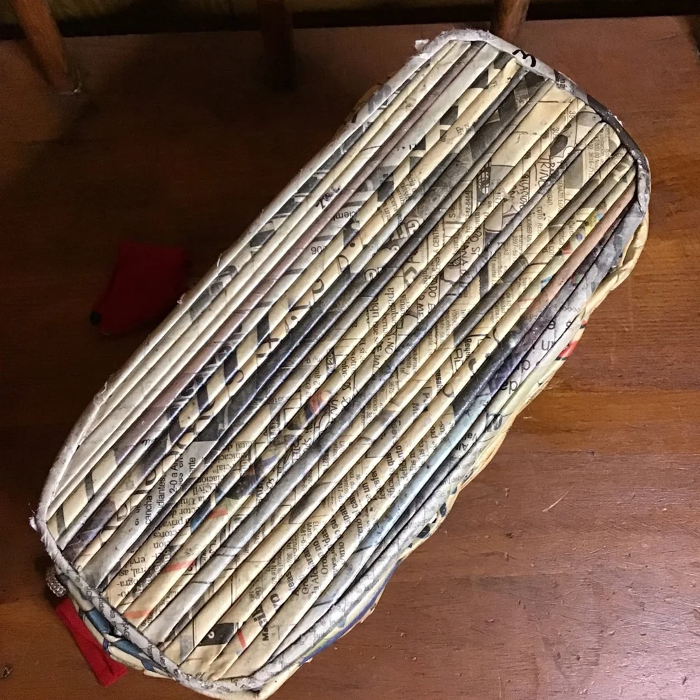 Rolled Newspaper Craft Beige and Red Woven Basket with Fabric Liner Purse Bag